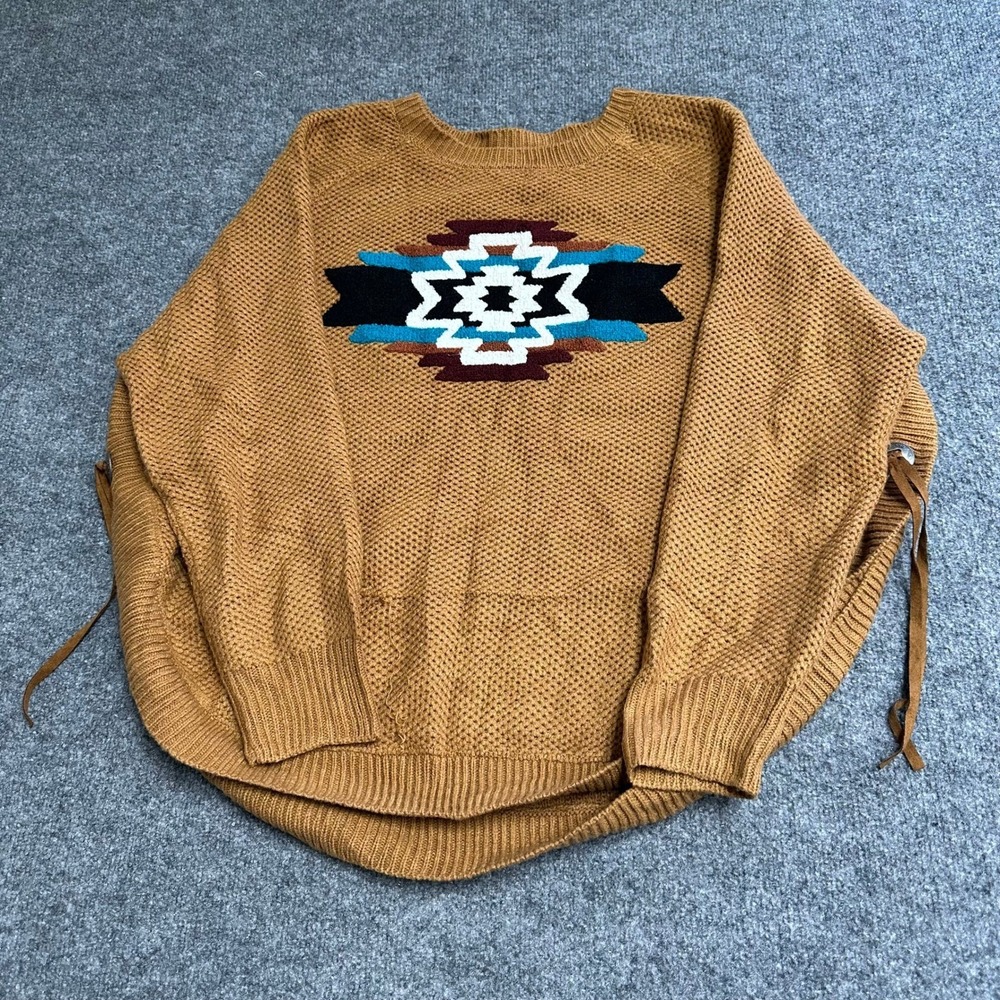 Rockin G Sweater Womens Size L Brown Southwestern Knit Side Lace Up Boho